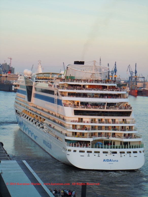Cruiseship MV AIDAluna (2,030 berths, built at Meyer Werf in 2009) at Hamburg Cruise Terminal in May 2014