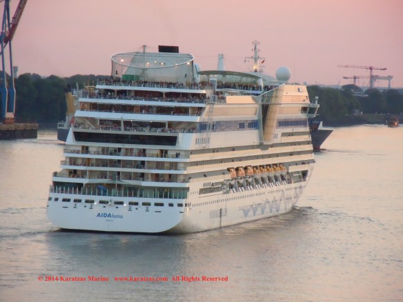 Cruiseship MV AIDAluna (2,030 berths, built at Meyer Werft in 2009) at Hamburg Cruise Terminal in May 2014