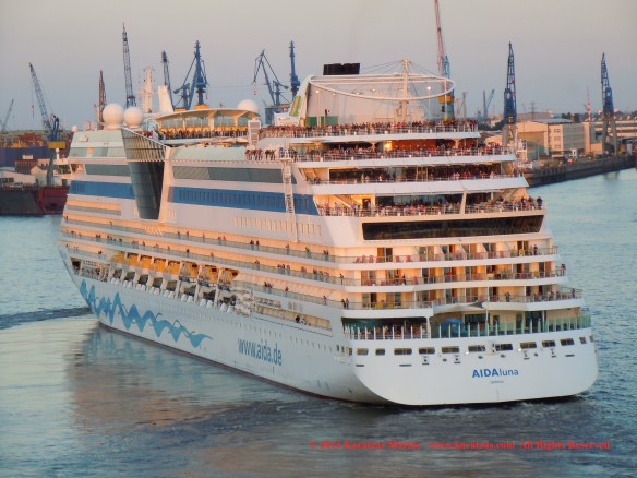 Cruiseship MV AIDAluna (2,030 berths, built at Meyer Werft in 2009) at Hamburg Cruise Terminal in May 2014