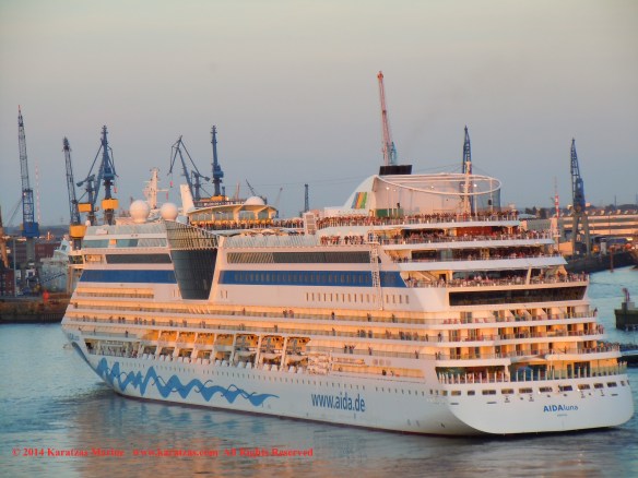 Cruiseship MV AIDAluna (2,030 berths, built at Meyer Werft in 2009) at Hamburg Cruise Terminal in May 2014