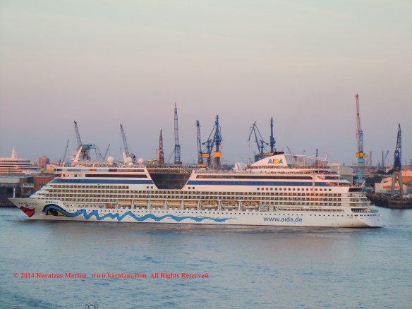 Cruiseship MV AIDAluna (2,030 berths, built at Meyer Werft in 2009) at Hamburg Cruise Terminal in May 2014