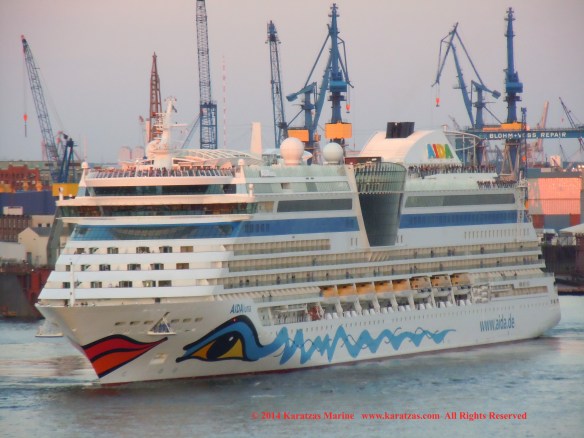 Cruiseship MV AIDAluna (2,030 berths, built at Meyer Werft in 2009) at Hamburg Cruise Terminal in May 2014