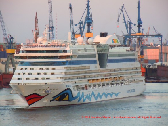 Cruiseship MV AIDAluna (2,030 berths, built at Meyer Werft in 2009) at Hamburg Cruise Terminal in May 2014