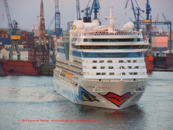Cruiseship MV AIDAluna (2,030 berths, built at Meyer Werft in 2009) at Hamburg Cruise Terminal in May 2014