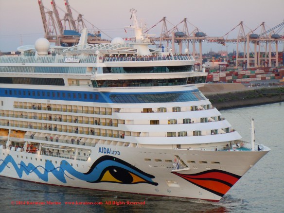 Cruiseship MV AIDAluna (2,030 berths, built at Meyer Werft in 2009) at Hamburg Cruise Terminal in May 2014