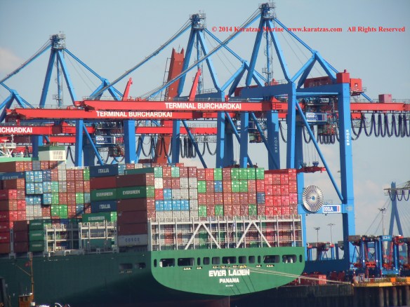 MV EVER LADEN (8,450 TEU Post-Panamax Fully Cellular Containership; May 2014 Hamburg Port Call)