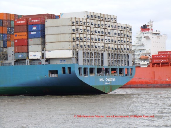 Post-panamax fully cellular containership MV MOL CHARISMA built at Mitsubishi Heavy Industries in 2007; 8,100 TEU