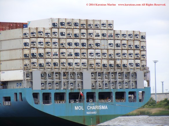 Post-panamax fully cellular containership MV MOL CHARISMA built at Mitsubishi Heavy Industries in 2007; 8,100 TEU