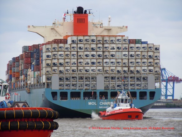 Post-panamax fully cellular containership MV MOL CHARISMA built at Mitsubishi Heavy Industries in 2007; 8,100 TEU