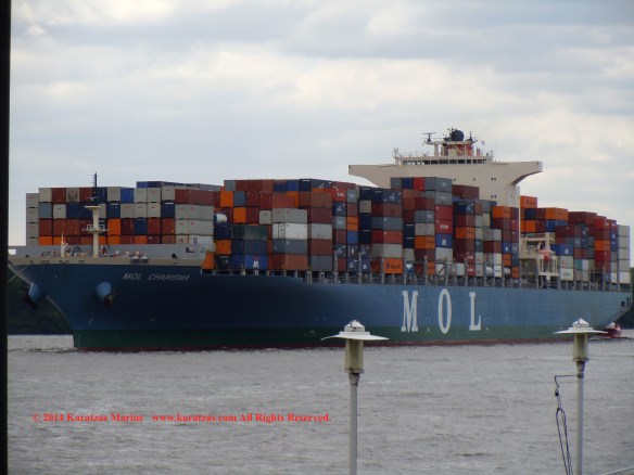 Post-panamax fully cellular containership MV MOL CHARISMA built at Mitsubishi Heavy Industries in 2007; 8,100 TEU