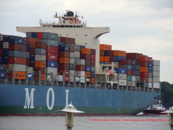 Post-panamax fully cellular containership MV MOL CHARISMA built at Mitsubishi Heavy Industries in 2007; 8,100 TEU