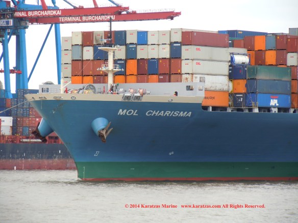 Post-panamax fully cellular containership MV MOL CHARISMA built at Mitsubishi Heavy Industries in 2007; 8,100 TEU