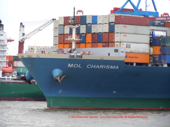 Post-panamax fully cellular containership MV MOL CHARISMA built at Mitsubishi Heavy Industries in 2007; 8,100 TEU