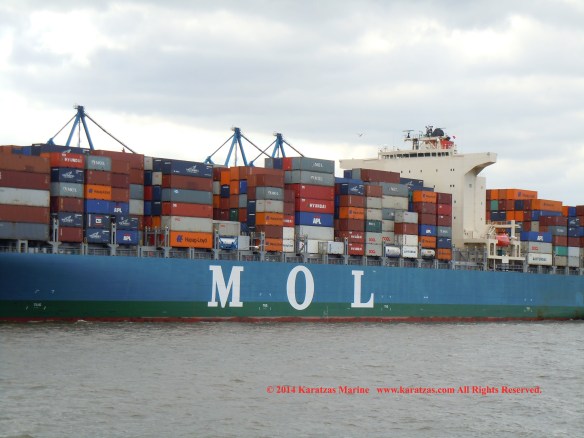 Post-panamax fully cellular containership MV MOL CHARISMA built at Mitsubishi Heavy Industries in 2007; 8,100 TEU