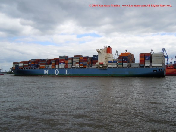 Post-panamax fully cellular containership MV MOL CHARISMA built at Mitsubishi Heavy Industries in 2007; 8,100 TEU